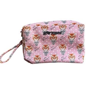 Betsey Johnson XOX Fluffy Cat Print Pink Zip Up Cosmetics Wristlet Clutch Bag